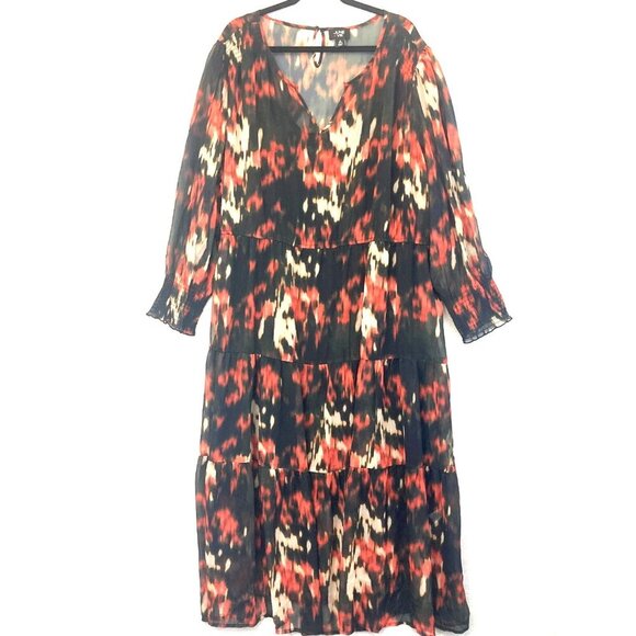 June + Vie Tiered Maxi Dress 3X Red Dark Chiffon Flowy Long Sleeve Whimsigoth - Picture 1 of 16